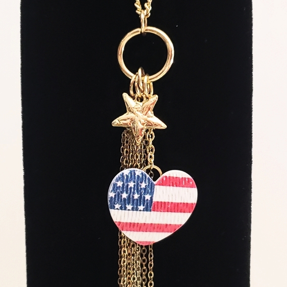 Red White Blue Heart & Gold Star Charm Fringe Necklace Long - Picture 2 of 7